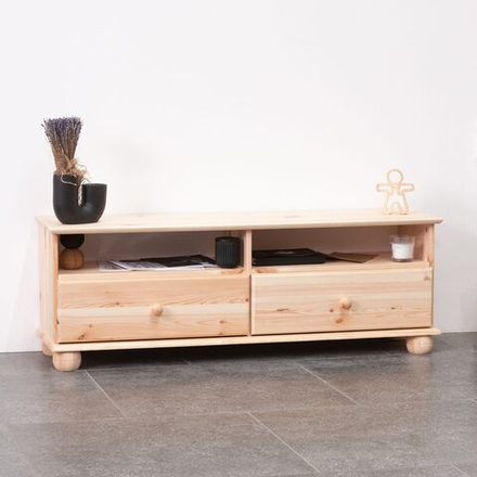 Тумба под телевизор 115 см Бритта с ящиками и полками из массива сосны, бежевый