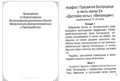 Акафист Пресвятой Богородице в честь Ея иконы "Достойно есть" ("Милующая")