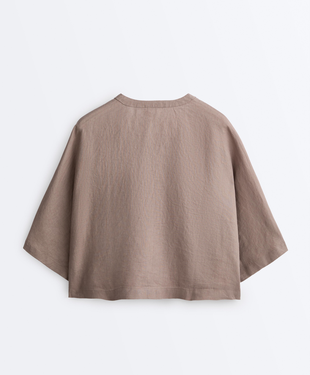 Oysho Рубашка с коротким рукавом из 100% льна, серо-коричневый