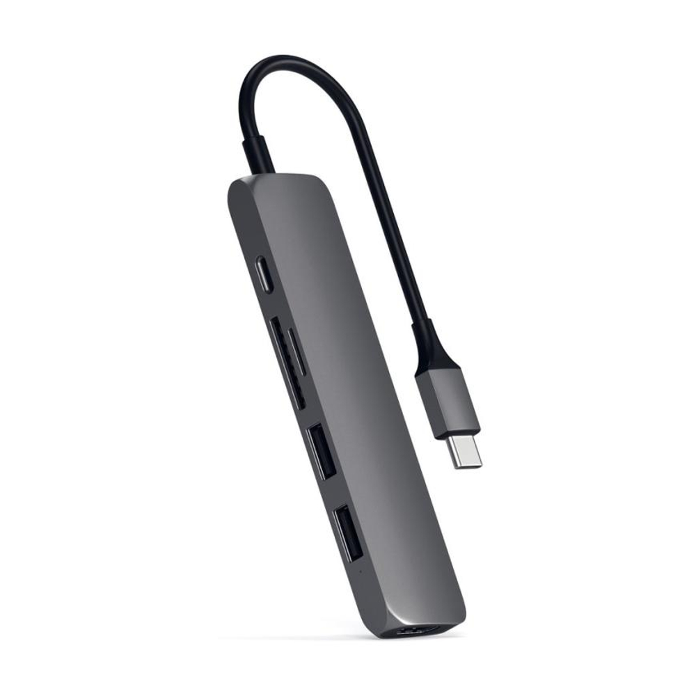 USB-Хаб Satechi Slim Multiport V2 (USB-C) (ST-SCMA2) Подключение: встроенный кабель USB-C. Порты: USB-C (PD 60 Вт), 2 USB-A 3.2 Gen 1, microSD UHS-I, SD UHS-I, HDMI (до 4K 60 Гц)