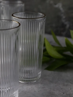 Ребристые бокалы для виски, 330 мл. 6 шт. с золотой каймой