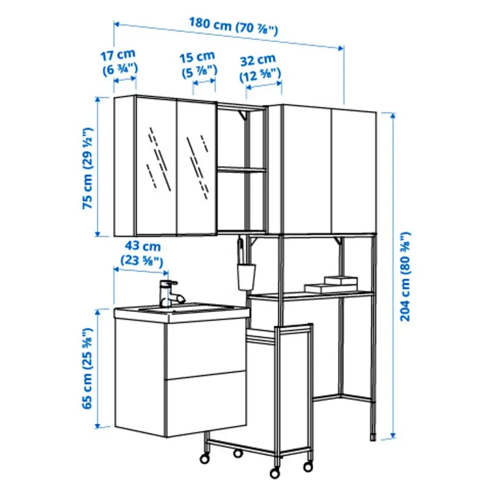 Комбинация для ванной - IKEA ENHET,  180x43x204 см, белый, ЭНХЕТ ИКЕА