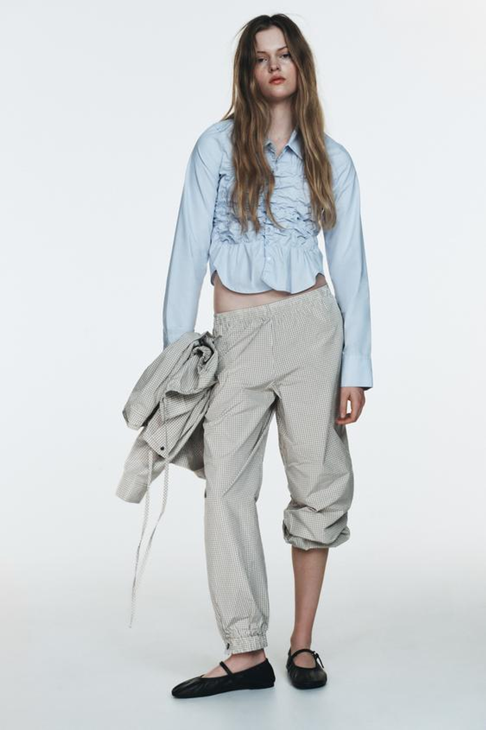 ZARA НЕЙЛОНОВЫЕ БРЮКИ-БОМБАШКИ В КЛЕТКУ, БЕЛЫЙ/ЧЕРНЫЙ