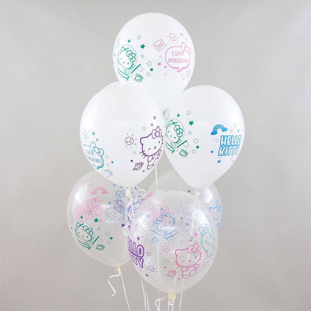 Шар (12''/30 см) Hello Kitty, С Днем Рождения!, Белый (200)/Прозрачный (600), кристалл, 4 ст, 25 шт.