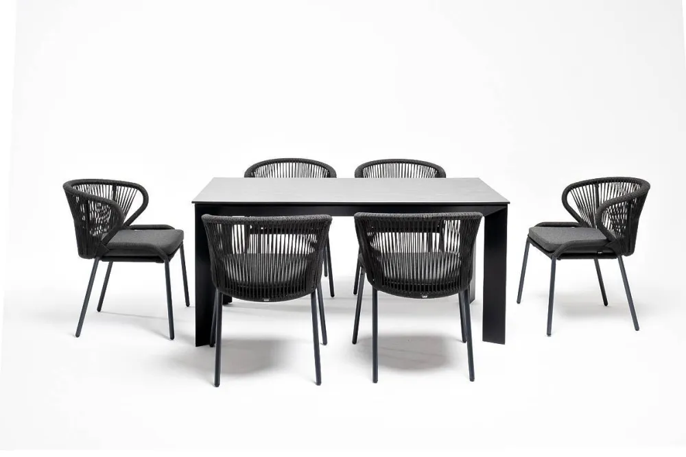 "Венето" обеденная группа на 6 персон со стульями "Милан", каркас темно-серый, роуп темно-серый