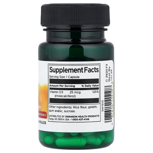 Swanson Vitamins, витамин D3, высокоактивный, 25 мкг (1000 МЕ), 60 капсул