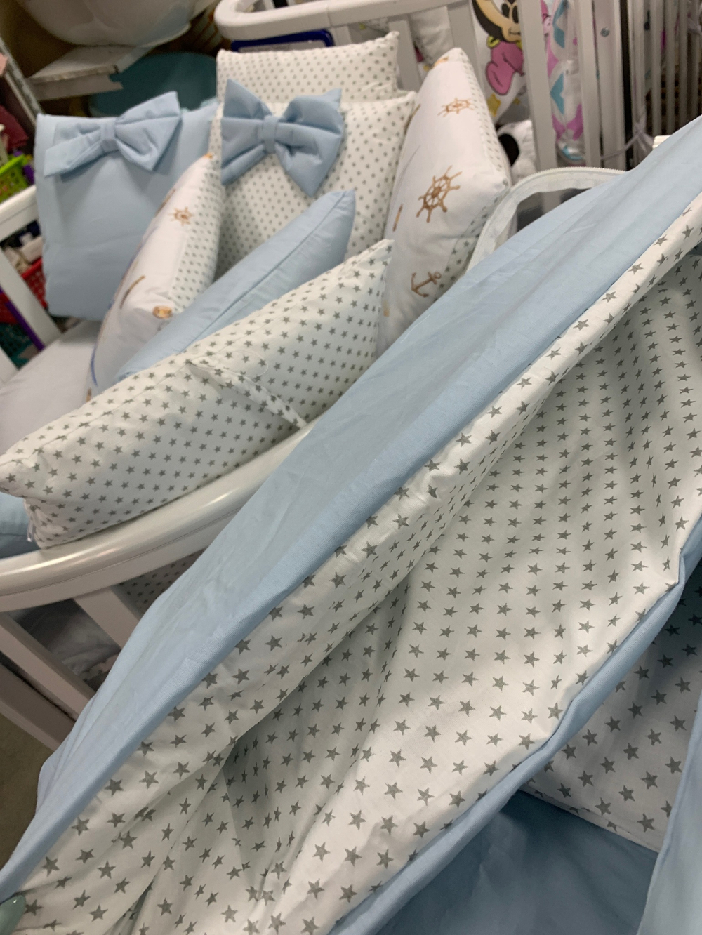 Комплект в кроватку 18 предметов "Моряк" голубой, сатин