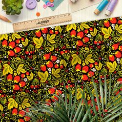 Ткань бифлекс золотая хохлома с земляникой