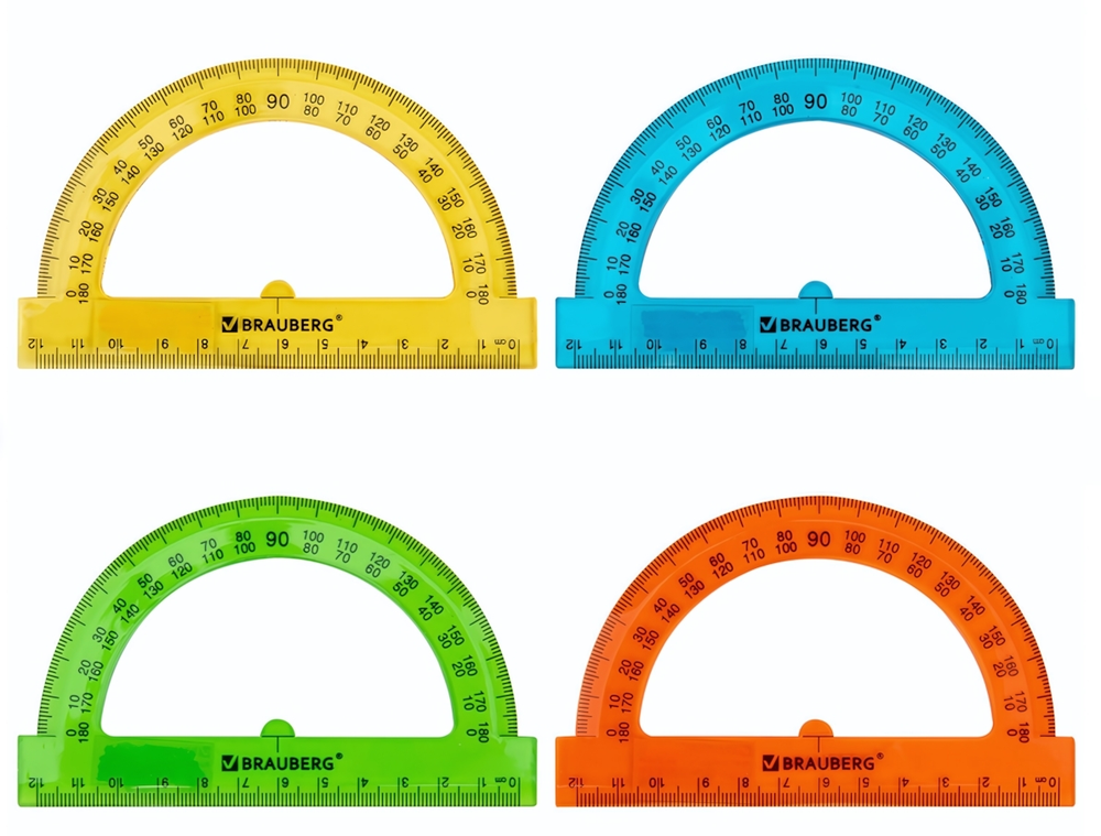 Транспортир 12см. 180 градусов, прозрачный, неоновый, цвета ассорти (BRAUBERG)