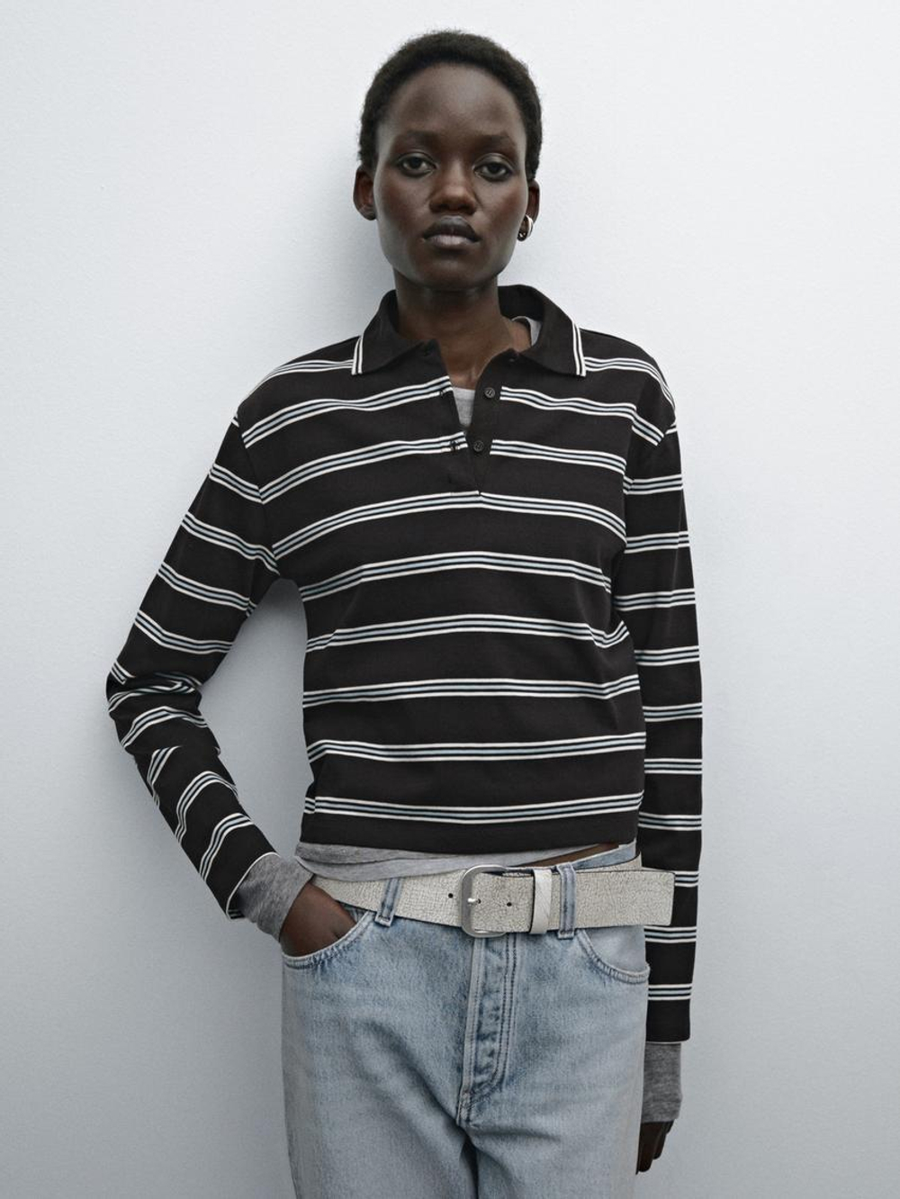 Massimo Dutti Свитер поло из хлопка в полоску, коричневый