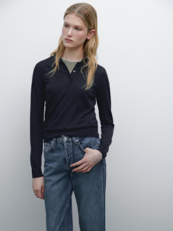 Massimo Dutti Свитер из 100% шерсти с воротником поло и пуговицами, темно-синий