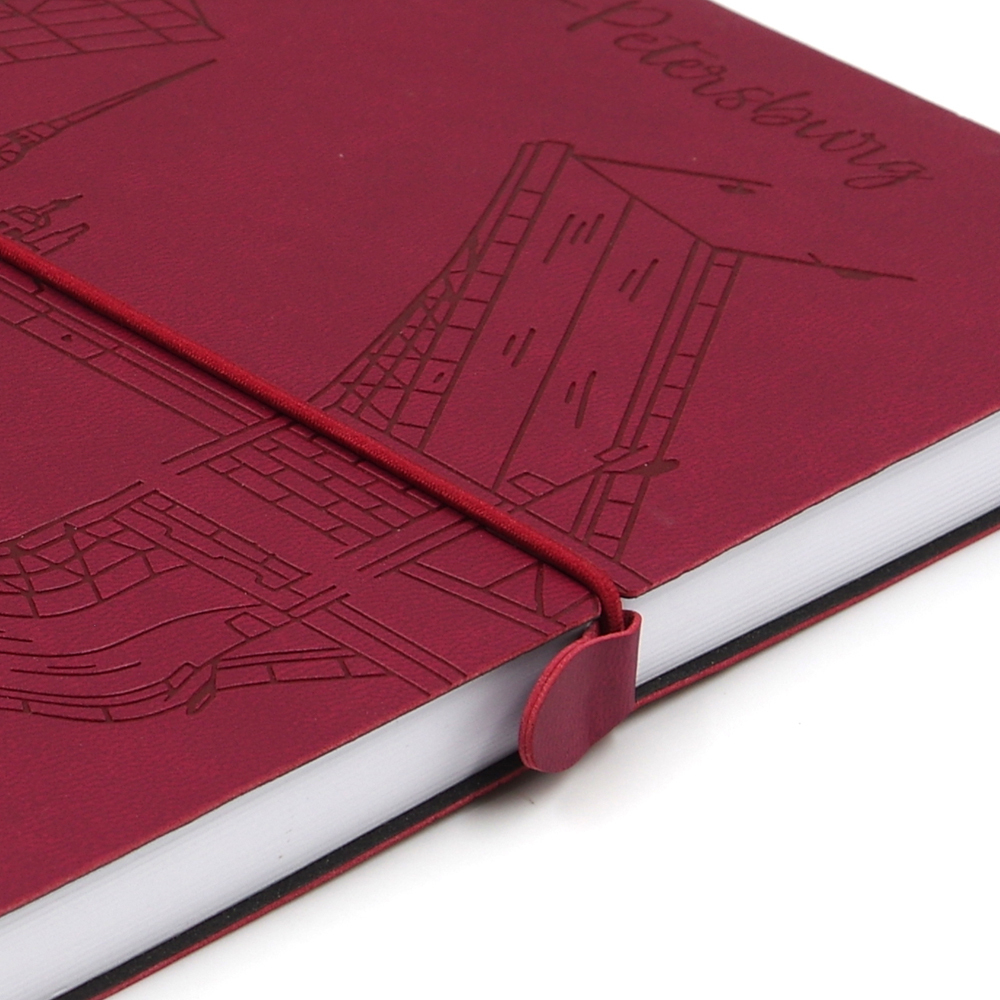 НОВИНКА! Блокнот "Питер. Мосты на Неве" в клетку А5 128 листов, гибкая обложка из экокожи (цвет винный) с блинтовым тиснением рисунка по полю