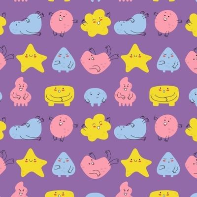 Розовые, желтые и синие монстры на фиолетовом фоне. Принт для детской одежды. Забавные персонажи.