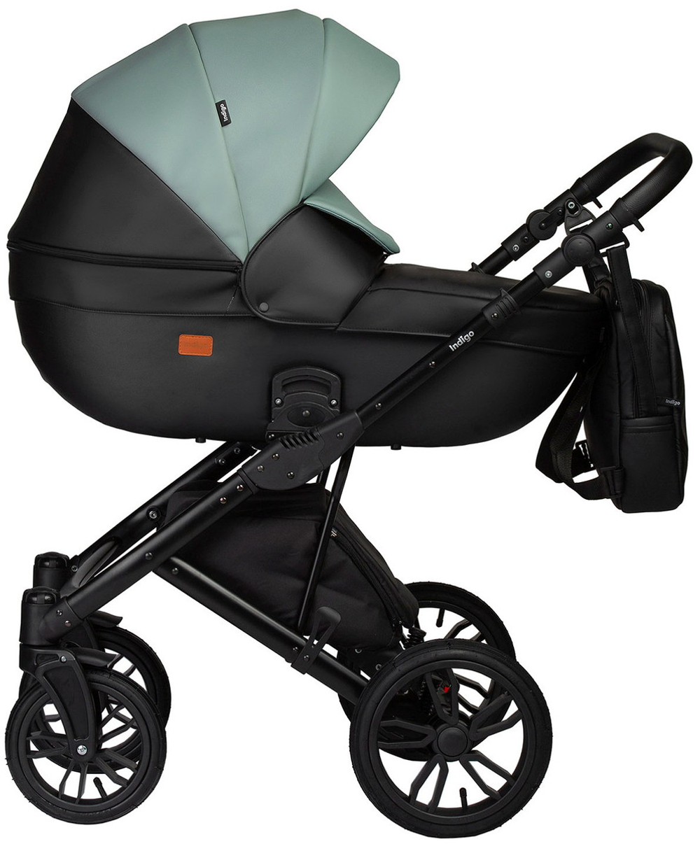 Детская коляска Indigo Mio Eco 3 в 1 с автокреслом Avionaut Cosmo Grey 05 черная кожа+шалфей кожа