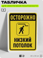 Табличка для обеспечения безопасности "Осторожно низкий потолок", для офиса, по охране труда для предприятия, организаций, 40х30 см, Silver Plane x Айдентика Технолоджи