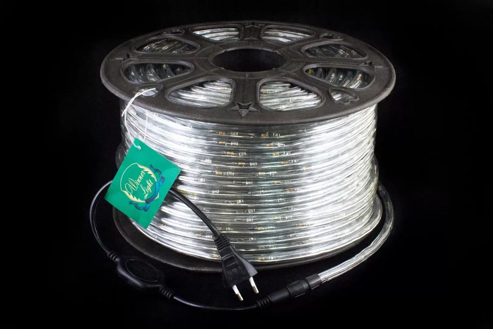 Дюралайт круглый _ 10.5 мм., 220V, 3-жилы, теплые белые LED лампы 24 шт на 1 м., бухта 100 м, силикон, Winner (05.100.10,5.24WW)