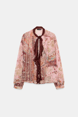 ZARA БЛУЗА С ПРИНТОМ И БАНТОМ, РАЗНОЦВЕТНЫЙ