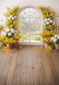 Окно - мимоза - гортензии - фон неопреновый