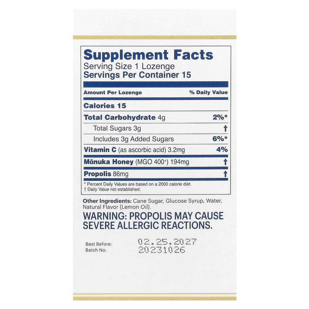 Manuka Health, Леденцы с медом Manuka, прополис, MGO 400+, 15 леденцов