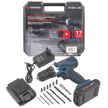 Дрель-шуруповерт аккум. 20V,25Нм,1.3Ah патрон 1-10мм(2 штLi-ionиндикатор зарядки сверло1.5,2,3,4,5,6мм.биты PH1,2 PZ1,2,SL5,6, битодержатель)в кейсе Forsage F-BT-CD12 20V