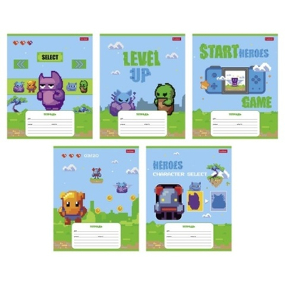 Тетрадь 12л А5ф клетка 60-65г/кв.м на скобе 5 диз.в блоке скругл.углы серия -Пиксель_Level Up-