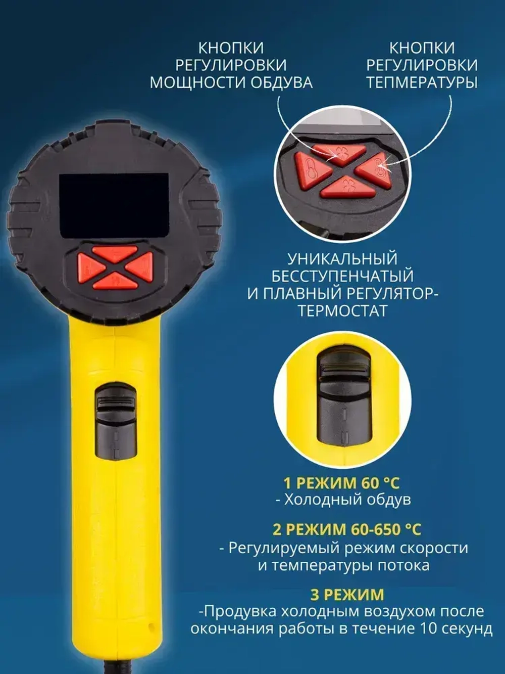 Фен технический строительный профессиональный Boom Hot Max 220V-230V 2000W промышленный с точной регулировкой температуры, 2 режимами скорости 250-500 л/мин, с LCD дисплеем