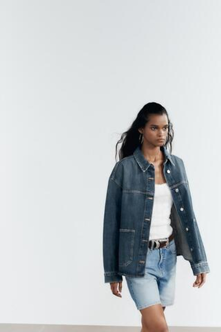 ZARA ДЖИНСОВАЯ КУРТКА TRF С КАРМАНАМИ, ТЕМНО-СИНИЙ