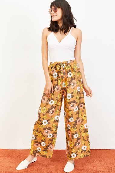 Qadın üçün kəmərli, geniş ayaqlı viskoz şalvar, Camel 10061053