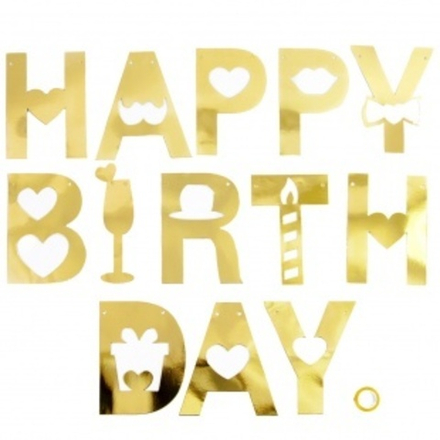 Гирлянда Happy Birthday (резные сердца), Золото, Металлик, 200 см, 1 упак.