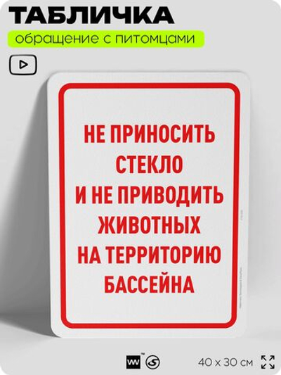Табличка "Не приносите стекло и не приводите животных на территорию бассейна" на дверь и забор, для двора, дома, подъезда, 40х30 см, Silver Plane x Айдентика Технолоджи