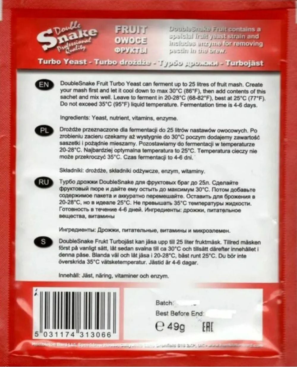 Дрожжи для фруктовых браг Double Snake Fruit Turbo, 49 г, 10 шт