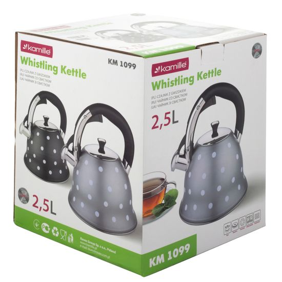 Чайник 2,5 л. из нержавеющей стали со свистком Kamille KM-1099 с рисунком "горошек"
