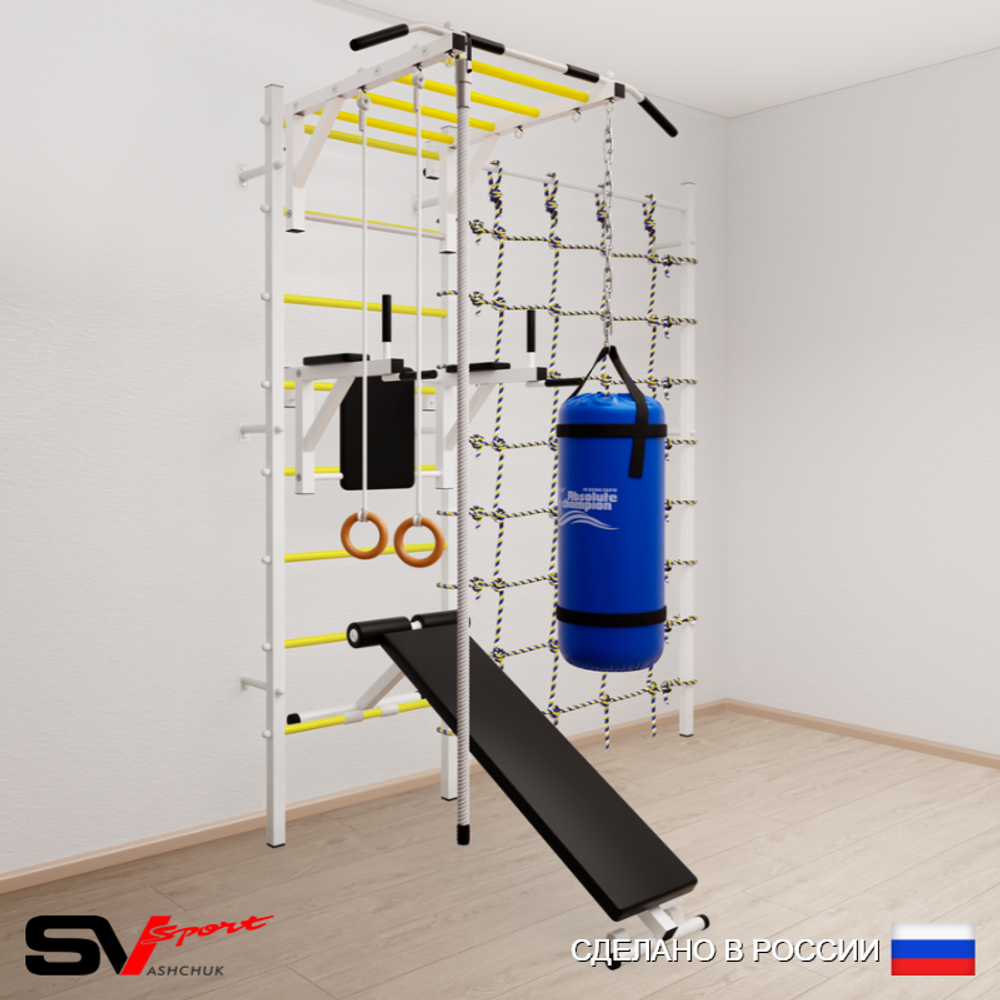 Шведская стенка Sv Sport 55410 (Турник рукоход/Брусья/Скамья/Канат/Кольца/Цепь/Мешок 15кг/Канатный лаз)