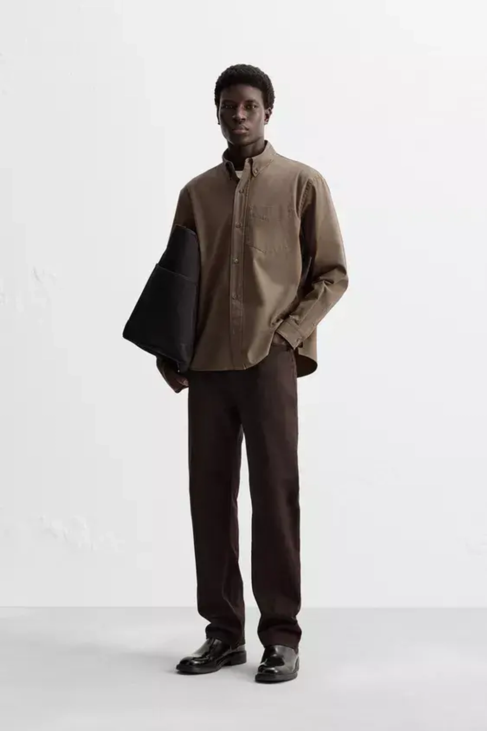 ZARА РУБАШКА ИЗ РЕЛЬЕФНОГО ХЛОПКА, СЕРО-КОРИЧНЕВЫЙ