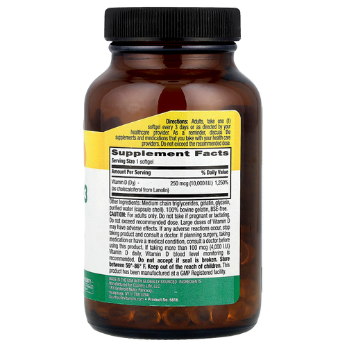Country Life, витамин D3 высокой эффективности, 250 мкг (10 000 МЕ), 200 капсул