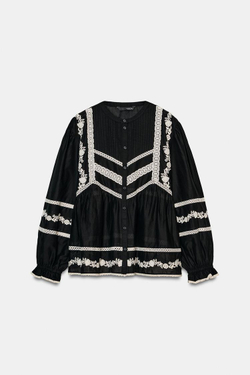 ZARA БЛУЗА С ВЫШИВКОЙ — ZW COLLECTION, ЧЕРНЫЙ/БЕЛЫЙ