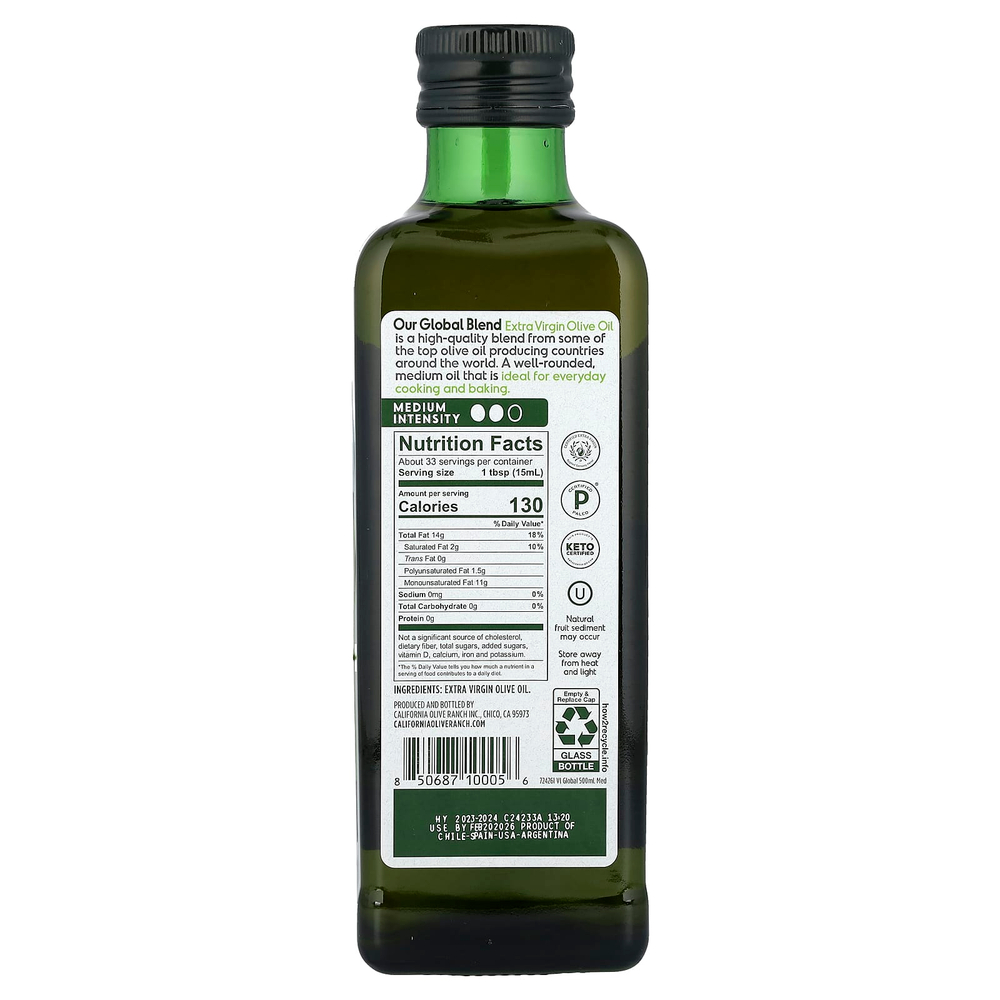 California Olive Ranch, Global Blend, оливковое масло холодного отжима, на каждый день, 500 мл (16,9 жидк. Унции)
