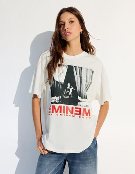 BERSHKA Футболка оверсайз с принтом EMINEM, белый