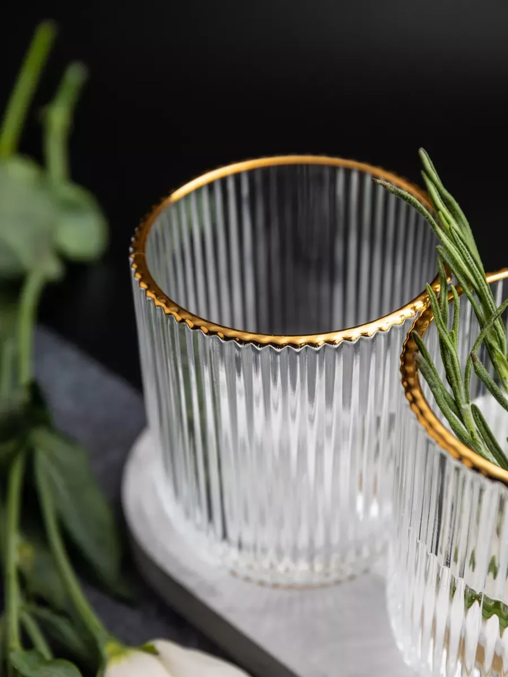 Набор ребристых стаканов для воды, 6 шт. с золотой каймой
