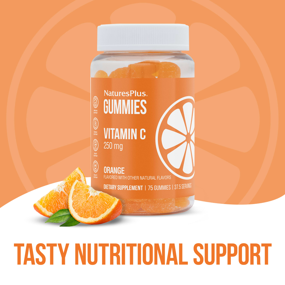 NaturesPlus, Жевательные мармеладки с витамином C, апельсин, 75 жевательных таблеток (125 мг в 1 жевательной мармеладке)