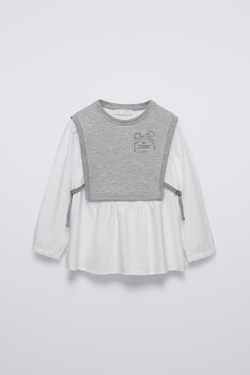 ZARA КОНТРАСТНАЯ РУБАШКА С БАНТАМИ, СЕРЫЙ С МЕЛАНЖЕВЫМ ЭФФЕКТОМ