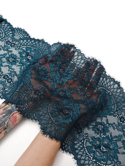 Кружево шантильи сине-зеленое с люрексом эластичное ширина 22 см