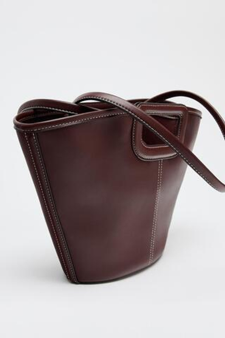 ZARA СУМКА-ШОПЕР С ДЕКОРАТИВНОЙ СТРОЧКОЙ, БОРДОВО-КРАСНЫЙ