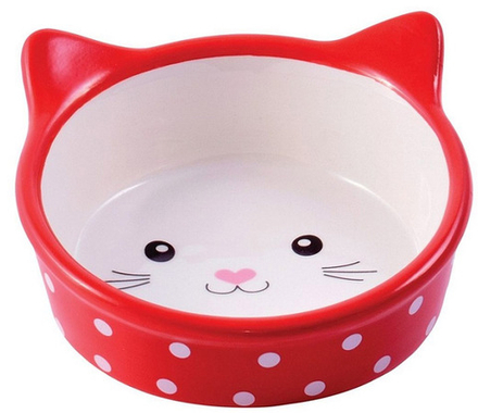 Миска керамическая для кошек "Мордочка кошки", 250 мл, красная в горошек
