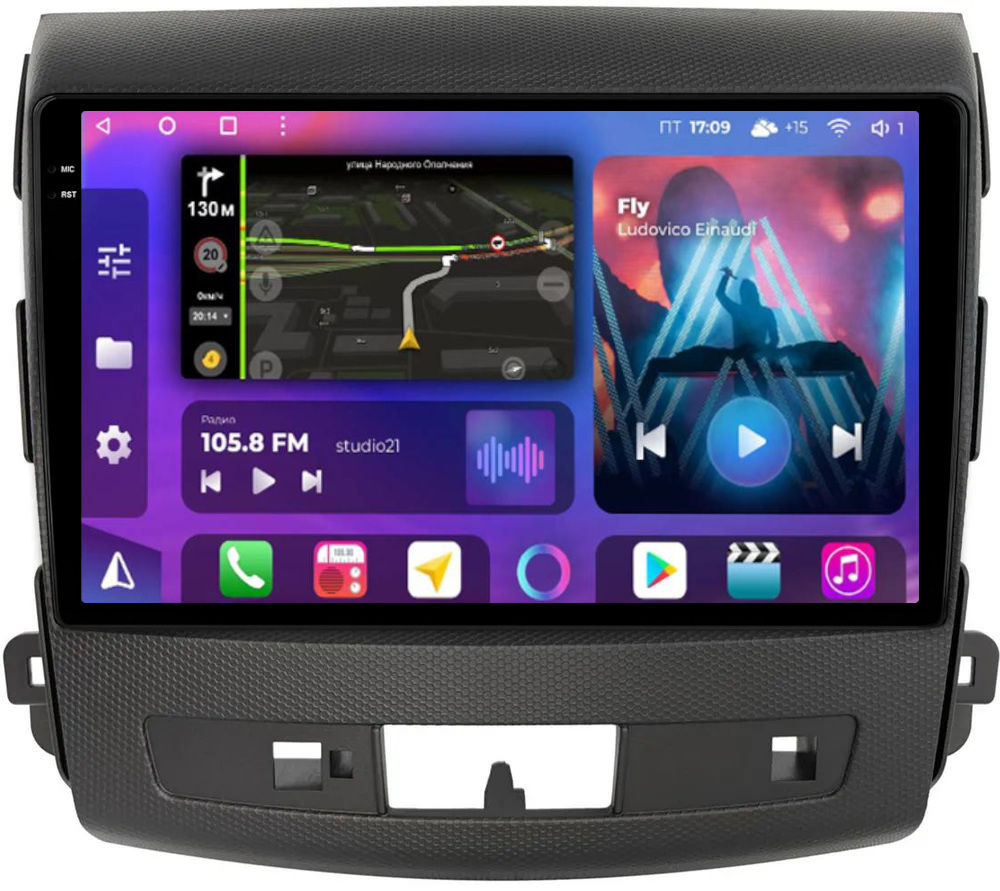 Магнитола для Mitsubishi Outlander XL, Peugeot 4007, Citroen C-Crosser (перфорированная рамка) - FarCar 8007P на Android 13, QLED+2K, TS10, CarPlay, 4G SIM-слот