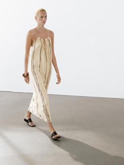 Massimo Dutti Платье миди из струящейся ткани в полоску, натуральный, кремовый