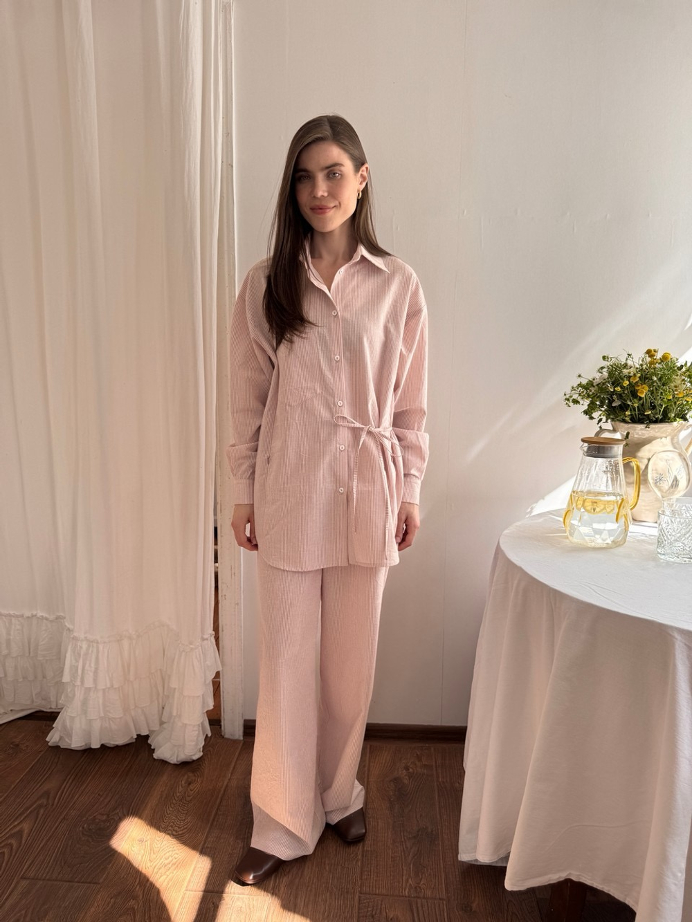 Брюки из вареного хлопка, Пудровый в полоску