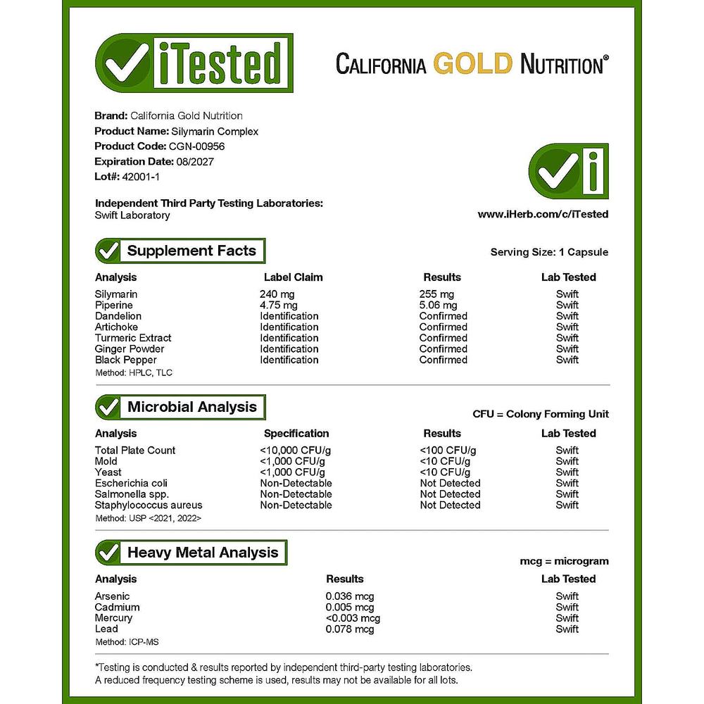 California Gold Nutrition, Комплекс силимарина, экстракт расторопши с одуванчиком, артишок, комплекс куркумина C3, имбирь и BioPerine®, 120 растительных капсул