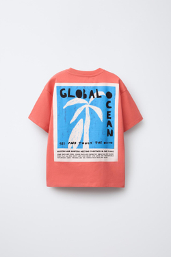 ZARA ФУТБОЛКА С ПРИНТОМ «ПАЛЬМЫ», КОРАЛЛОВЫЙ