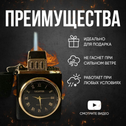 газовая турбо-зажигалка с часами подарочная, золотая